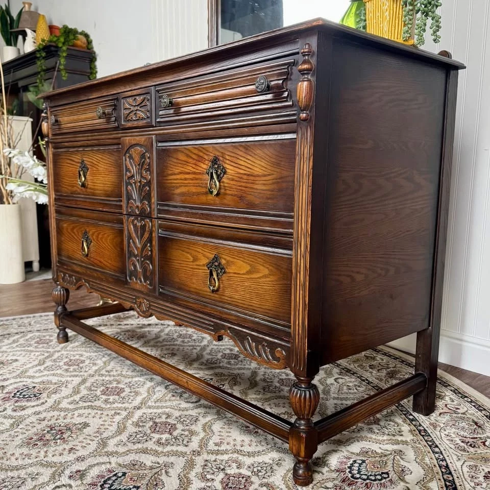 Cómoda antigua de roble con espejo - Renacimiento jacobeo de los años 20 Foto 3 de 4