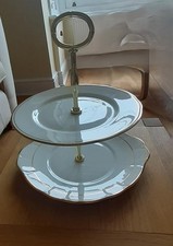 Vintage Two-Tier Bone China Cake Stand - White with  Gold Trim