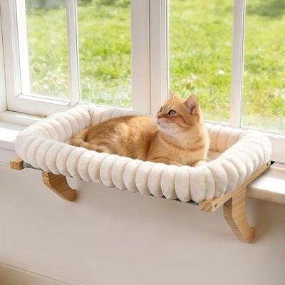 Zoratoo Cloud-Cuddle Cat Perch for Window Sill with Bolster, Natural Wood & Meta