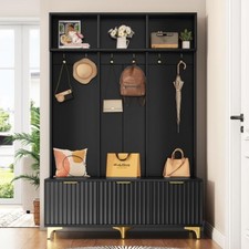 Modern Entryway Furniture Hall Tree with 6 Gold Hooks Fluted Door Storage Bench