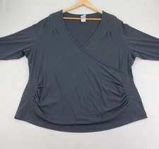 Just My Size Top Womens 4X Dark Black Stretch V Neck 3/4 Sleeve Ruched Faux Wrap
