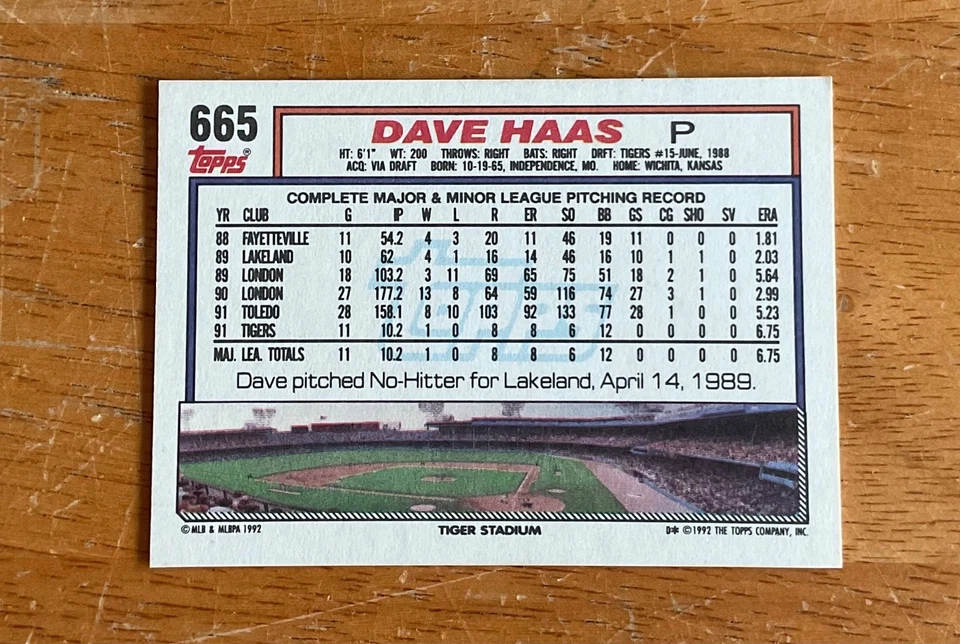 Dave Haas Detroit Tigers Signed Autograph 1992 Topps Baseball Card - Image 2 of 2