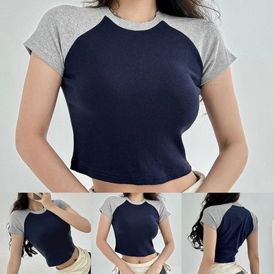 Dunkelblaues bauchfreies Oberteil für Damen Kurzarm für freizeit Streetwear