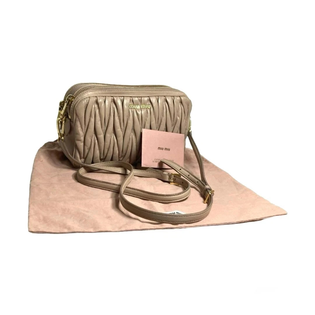 Miu Miu Matelasse Leather Shoulder Bag Crossbody Beige Camera Bag W8.3in