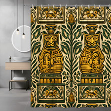 Vintage Owl Shower Curtain, Botanical Leaf Print, Green Gold Pattern