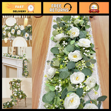 2 Pack 6FT Faux Eucalyptus  White Rose Garland - Wedding Party Decor, Table Run