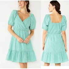 DRAPER JAMES RSVP Puff-Sleeve Surplice Dress Size M Spring Summer Gingham