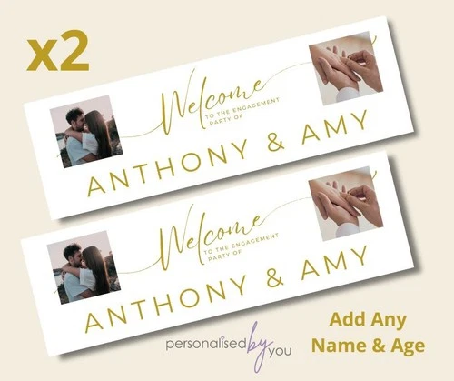 2x Personalised PHOTO ENGAGEMENT Banners GOLD Any Names, FREE Delivery