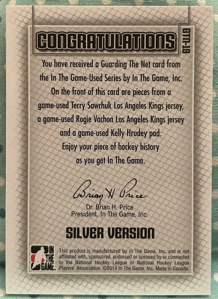 SAWCHUK VACHON HRUDEY 2014 In The Game-Used Guarding The Net Relics Silver - Image 2 of 2