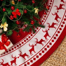 Large Red Snowflake Reindeer Christmas Tree Skirt 48 inch