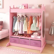 Pink Kids Dress Up Armoire Storage Closet Wardrobe with Mirror, Drawer, Shelf