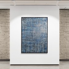 One-of-a-kind Pollock Style Blue Silver Abstract Canvas 31x24 In