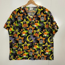 UA Scrubs Scaredy Cat Halloween Top Unisex L Black Cotton Blend All Over Print