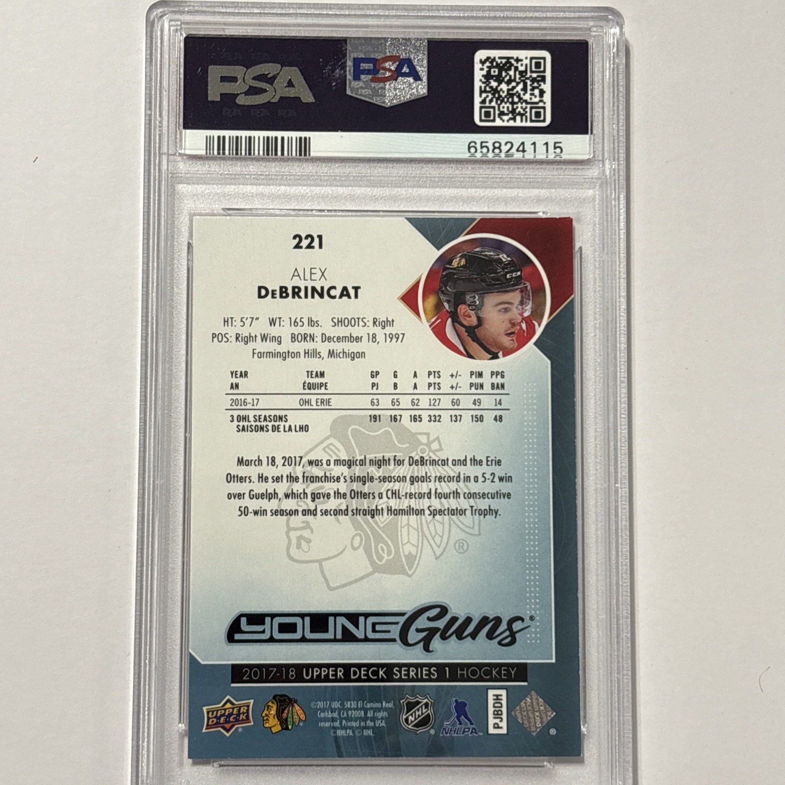 2017-18 Upper Deck Series 1 Young Guns Alex DeBrincat RC #221 PSA 8 Black Hawks view 2