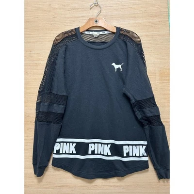 PINK Victoria's Secret Black Long Sleeve Mesh Panel Logo Graphic Top XS - Image 1 of 4