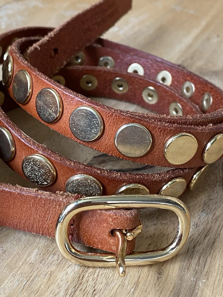 Linea Pelle Studded Skinny Belt Brown Leather Gold Brass Studs VTG Blake Sz Med - Image 3 of 4