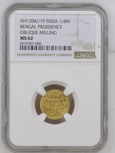 AH1204/19 India BENGAL PRESIDENCY 1/4 gold mohur "Murshidabad" frozen NGC MS62