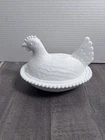 Vtg WHITE Indiana Milk Glass Chicken Hen Nest Covered Dish Trinket Candy Dish
