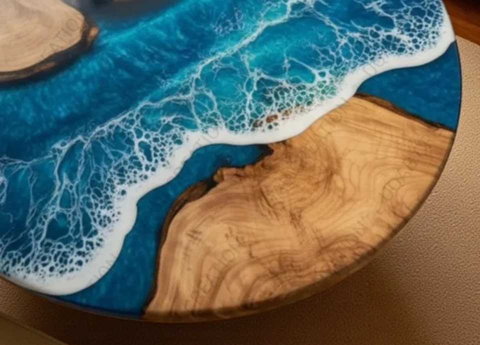手工制作蓝色环氧树脂海桌:天然木材圆桌 — 第 2/4 张图片