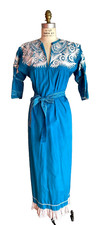 Oaxacan embroidered Turquoise and White Mexican dress / Caftan- handmade - S