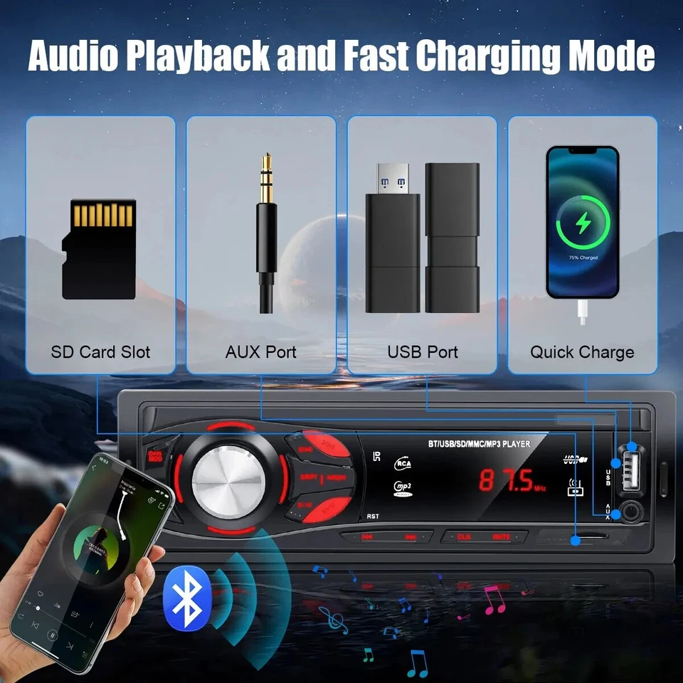 Autoradio MP3 FM Car Radio Bluetooth Voiture Stéréo Lecteur TF USB Aux-In - 1DIN - Photo 2/4