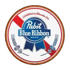 PABST BLUE RIBBON BEER 8" ALUMINUM ROUND SIGN RETRO GARAGE MANCAVE ART OG