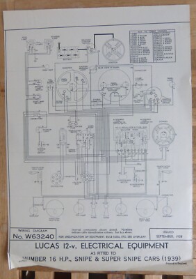 Original LUCAS Humber 16 HP, Snipe & Super Snipe Wiring Diagram 1939 W63240