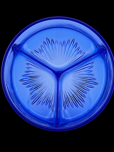 Vintage Cobalt Blue Divided Relish Tray Ribbed Star on Base
