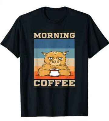 Morning Coffee Cat Katzen T-Shirt lustiges Morgenmuffel Shirt für Herren - NEU