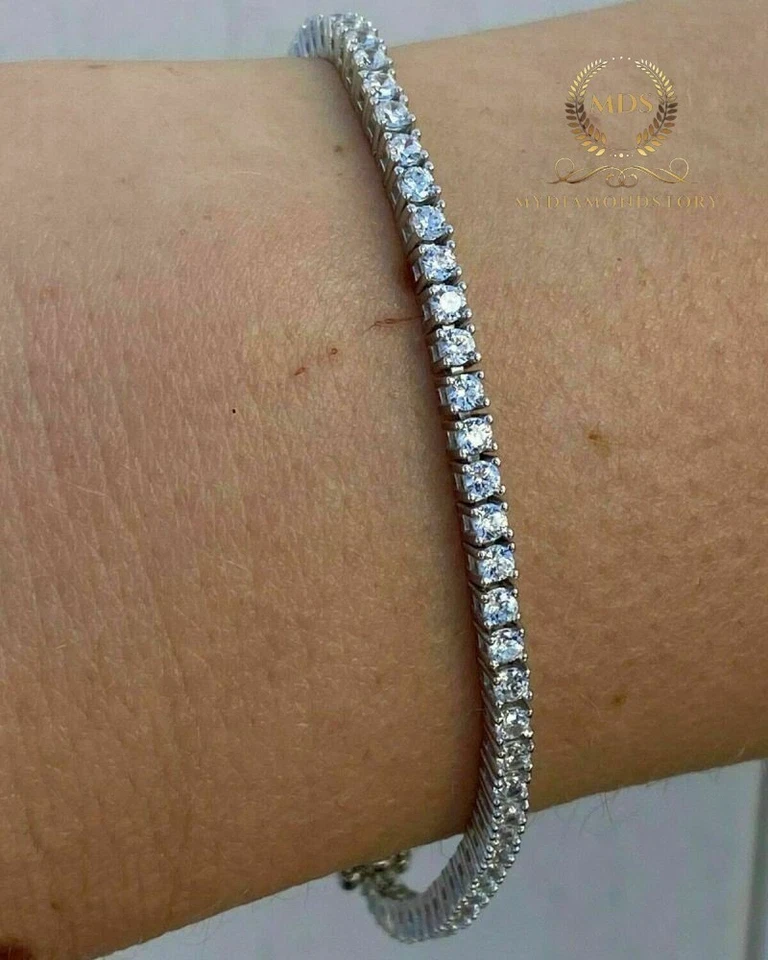 Brazalete de tenis para boda de 7 pulgadas de corte redondo de 5 quilates de oro blanco sólido de 14K para mujer Foto 2 de 4