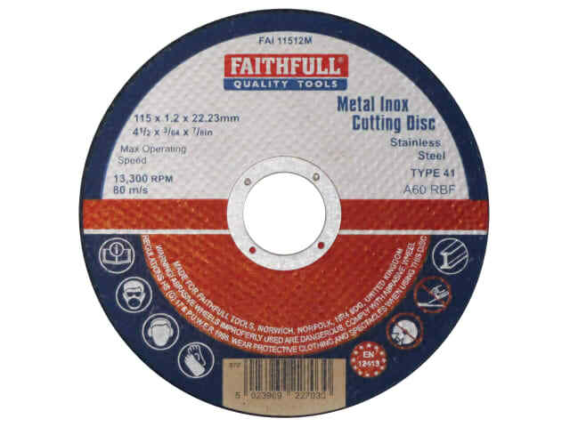 Faithfull Thin Metal Cutting Abrasive Disc 115mm Diam 1.2mm Thick 22.23mm Bore