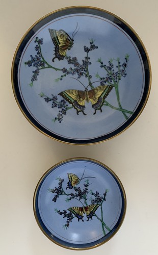Chinese Wall Hanging Decor Plates Bowls Enamel Brass LOT OF 2 Painted Butterfly - Picture 4 of 9