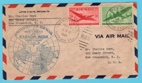 USA first flight FAM 18 1947 New York - Karachi India  to New Brunswick - Picture 1 of 2