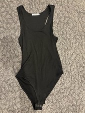 MANGOPOP Women's Black Ribbed Scoop-Neck Sleeveless One-Piece Bodysuit SZ S