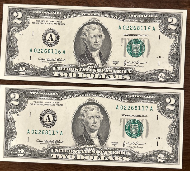 2003-A $2 DOLLAR BILLS CONSECUTIVE LOT OF 2 UNCIRCULATED MINT CONDITION. item 16