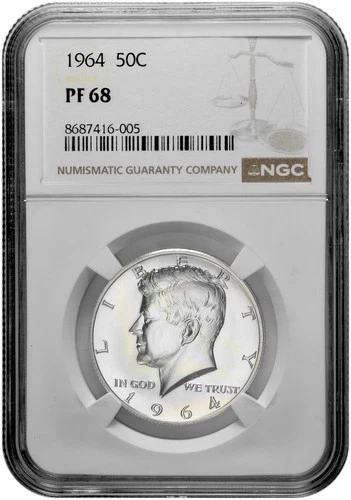 1964 50c Silver Proof Kennedy Half Dollar NGC Graded PF 68 with New Holder