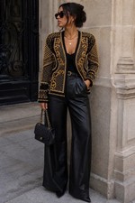 Women's Black Gold Pearl Embellished Jacket Statement Beaded Blazer Size S