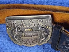 B.A.S.S. Belt Buckle w Leather Belt 1990 Bass Anglers Sportsman Society