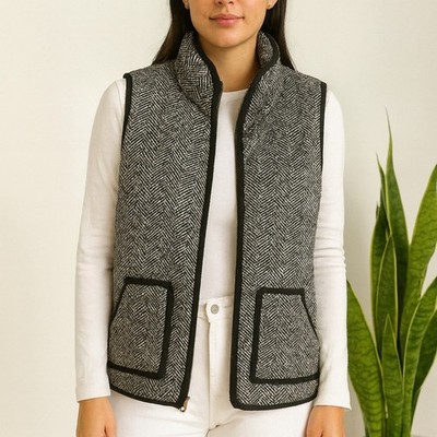 Womens Sz Med Herringbone Puffer Vest Gameday Couture Gold Zipper Cotton Blend