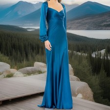 Mac Duggal Teal Satin Long Sleeve Evening Turquoise dress – Floor Length S. 4  