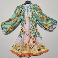 Antonio Melani Women Mini Dress Size Medium Fits 8/10 Pink Green Balloon Sleeves