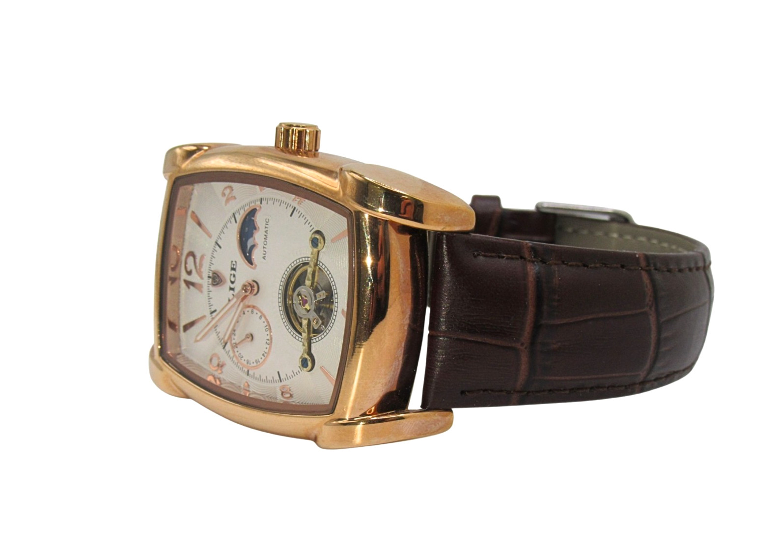 LIGE Rectangle Automatic Moon Phase Brown Leather… - image 5