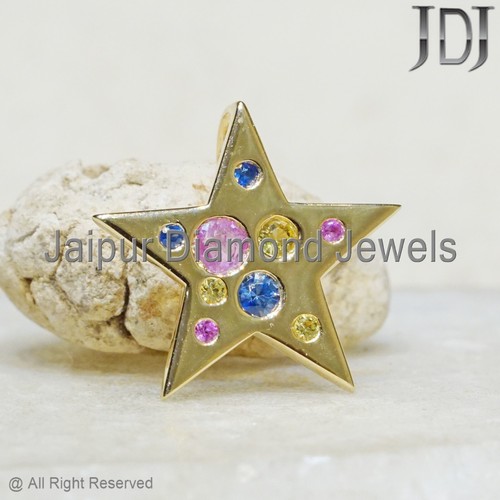 14k Oro Amarillo Macizo Natural Multi Zafiro Gema Estrella Dorada Colgante Charm - Imagen 6 de 14