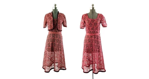 1930s lace dress and bolero rose pink and black with silk velvet trim Size M