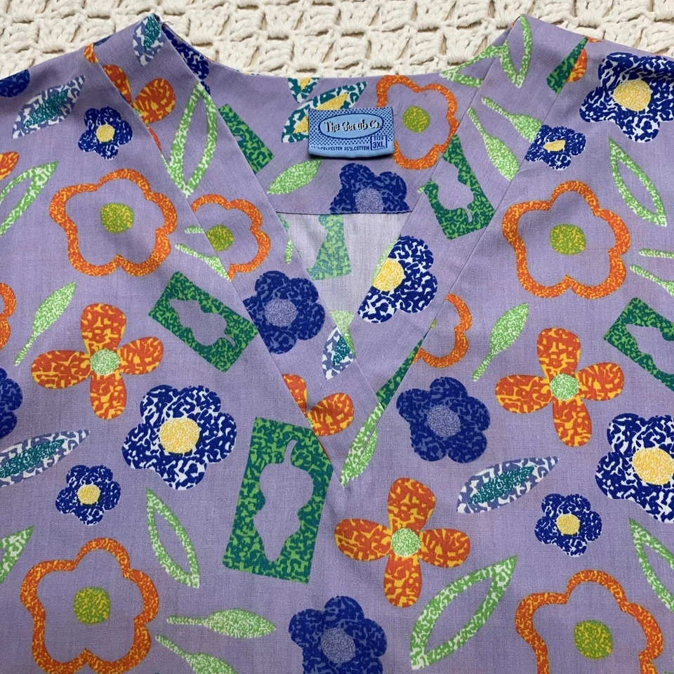 Scrubs Medical Uniform Top Womens 3XL Floral Short Sleeve V Neck Nurse Multicolr - Image 3 of 4