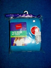 Womens 2 Sky BLUE V-Neck TEES  HANES  T SHIRTS  Misses   MEDIUM or XLARGE   NWT