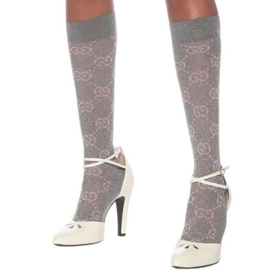 M NEW $290 GUCCI Woman's Gray w/ PINK GG Logo Lame' Cotton Calf