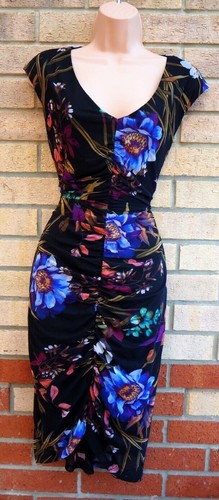 CONNECTED APPAREL BLACK MULTI COLOUR FLORAL RUCHED MESH BODYCON PARTY DRESS S M - Picture 2 of 8
