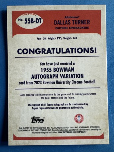 2023 Bowman University Dallas Turner 1955 Orange Auto *On Card* #/25 Alabama - Picture 2 of 4