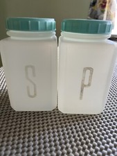 Vintage RARE White Aqua Plastic Salt Pepper Shakers Extra Large Mid Century MCM